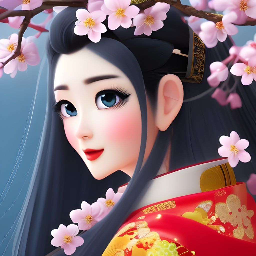 Pixar Princess in Kimono with Cherry Blossoms