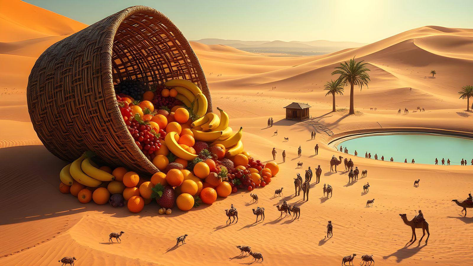 Giant Fruit Basket in Desert Oasis, Hyper-Realistic