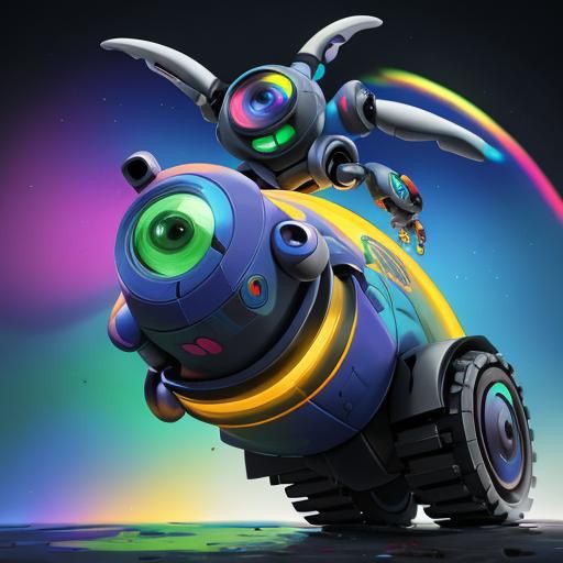 Robot's First Rainbow Touch: Hyperrealistic Splash Art