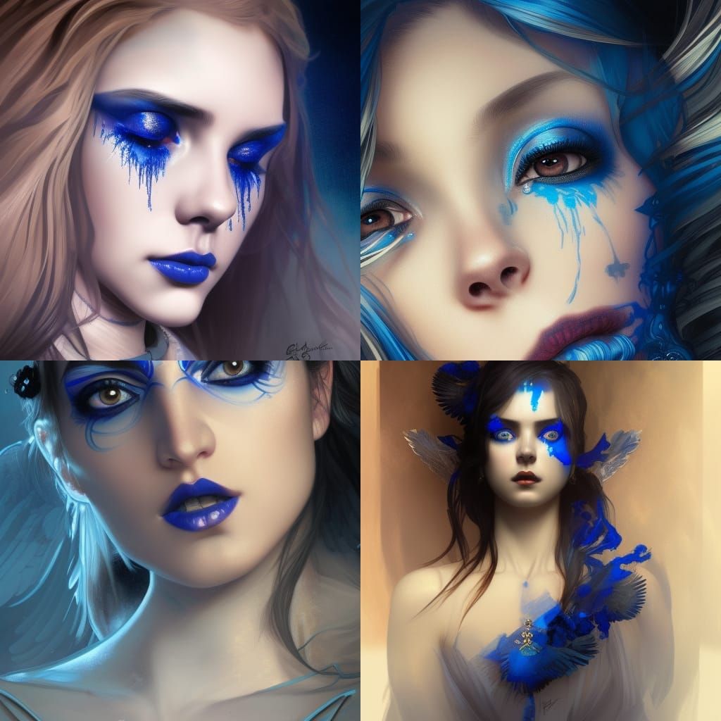 Angelic ethereal gothic young lady wearing cobalt blue eyeshadow and cobalt blue eyeliner and Black lipstick