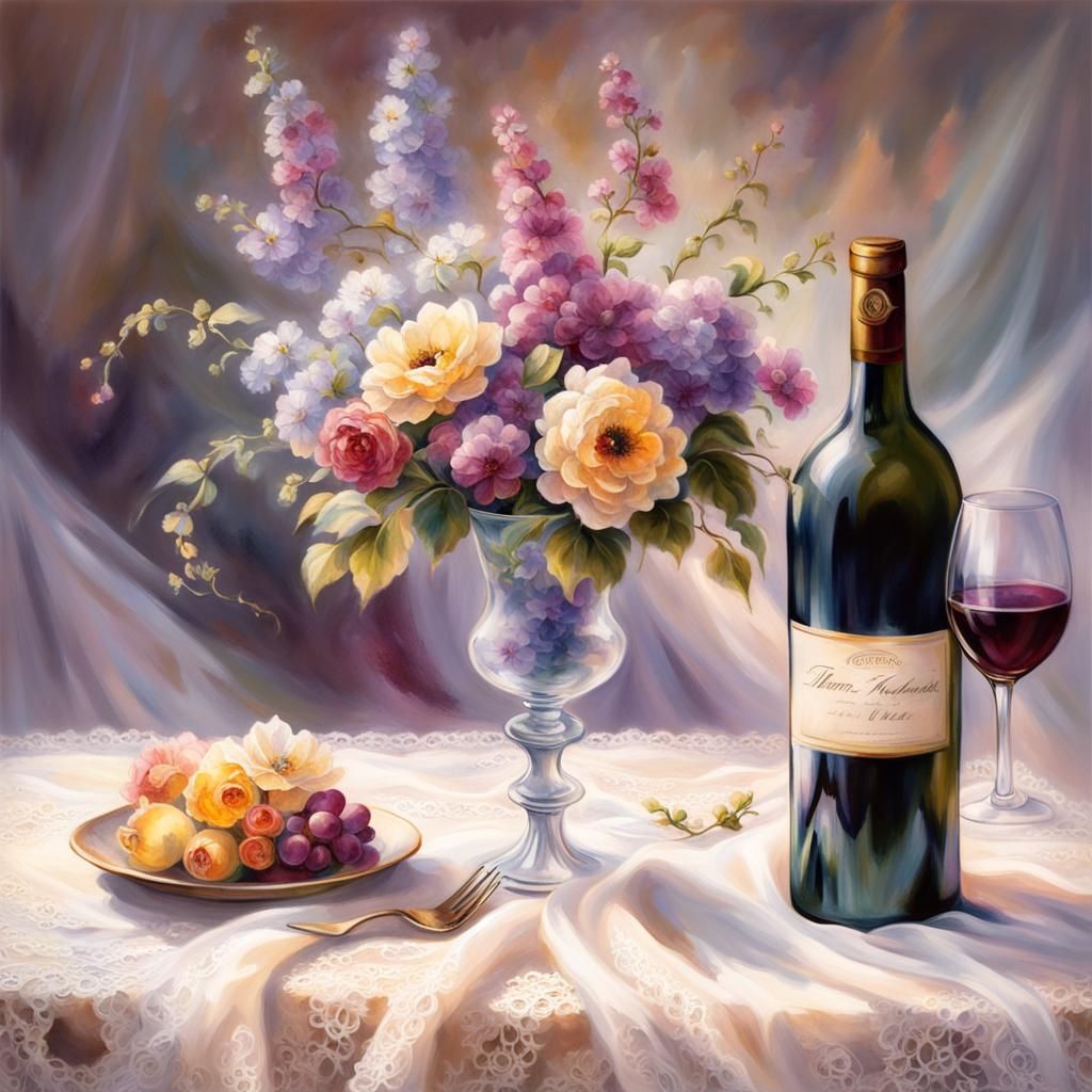 Ethereal Bouquet and Wine Still Life