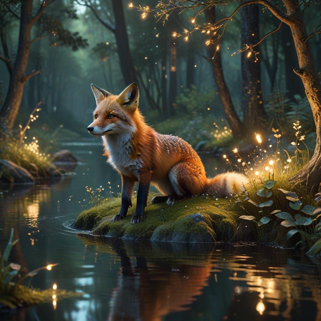 Whimsical Fox in Enchanted Forest Scene