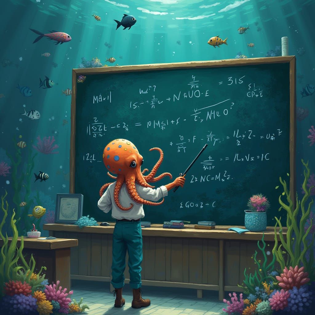 Octopus Teacher in Underwater Classroom, Anime Style