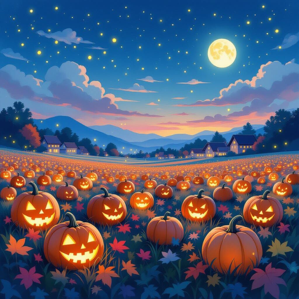 Magical Pumpkin Patch Glows Under Twilight Autumn Sky