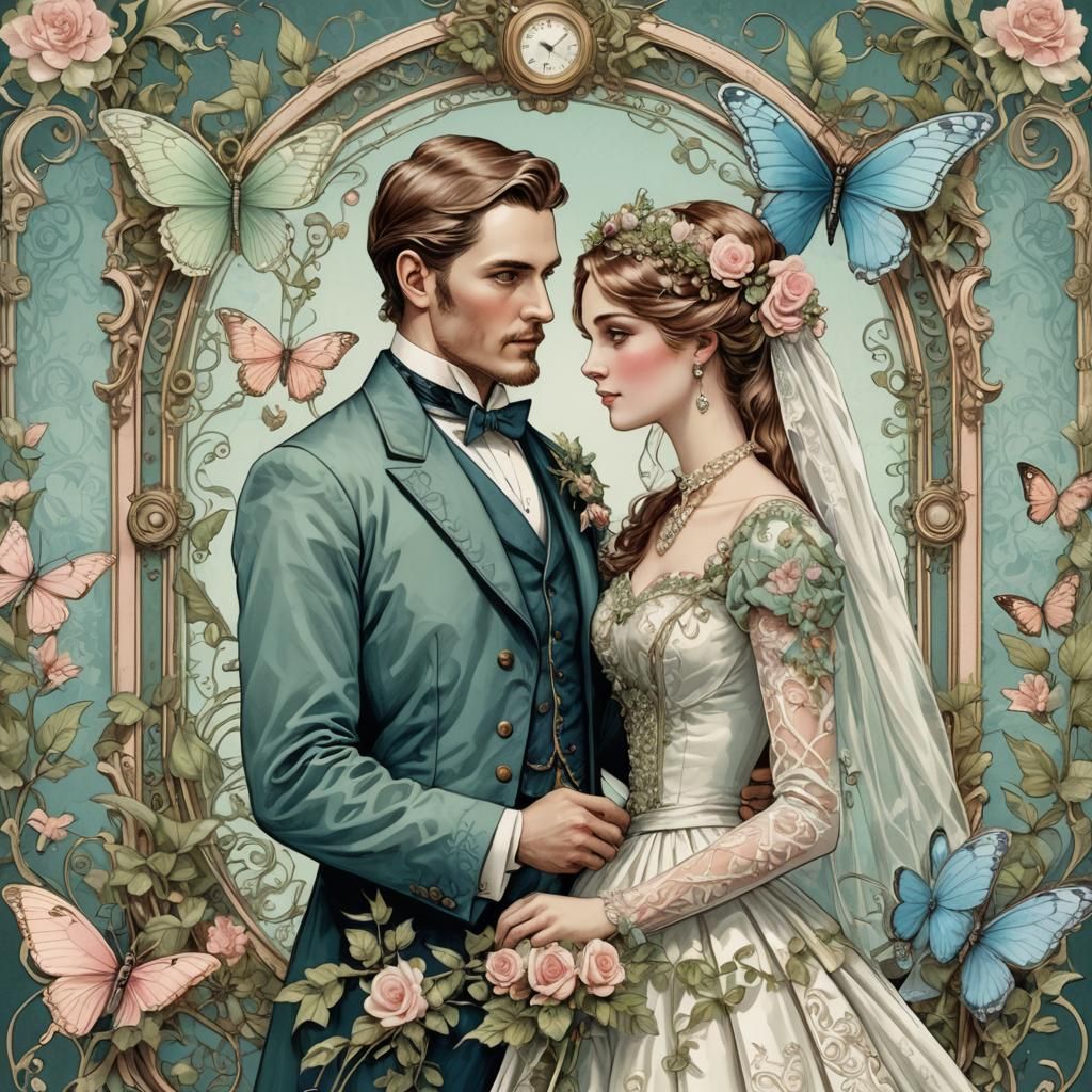 Vintage 19th Century Wedding Illustration with Steampunk Fra...