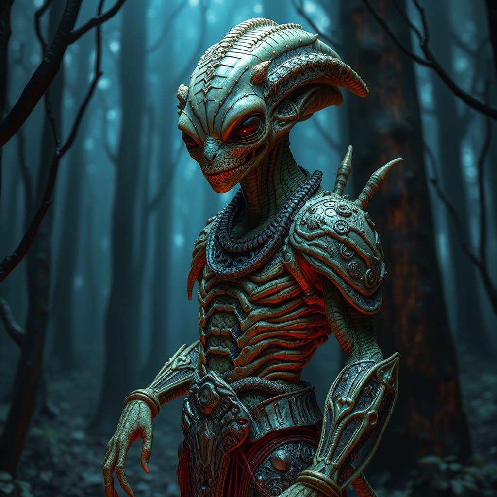 Chitin Alien in Mystical Forest, Organic Biomechanical Style