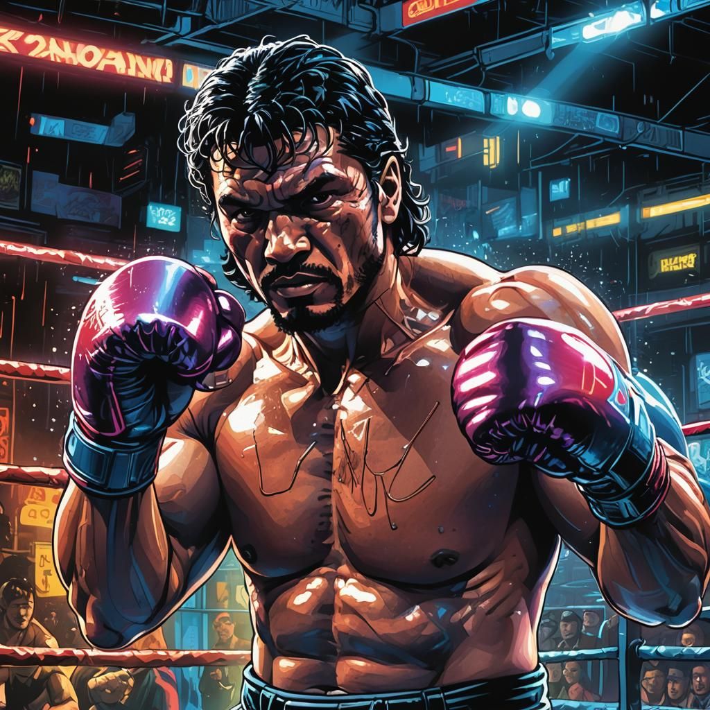 Cyberpunk Boxer Punch in Neon Ring: Comic Book Art