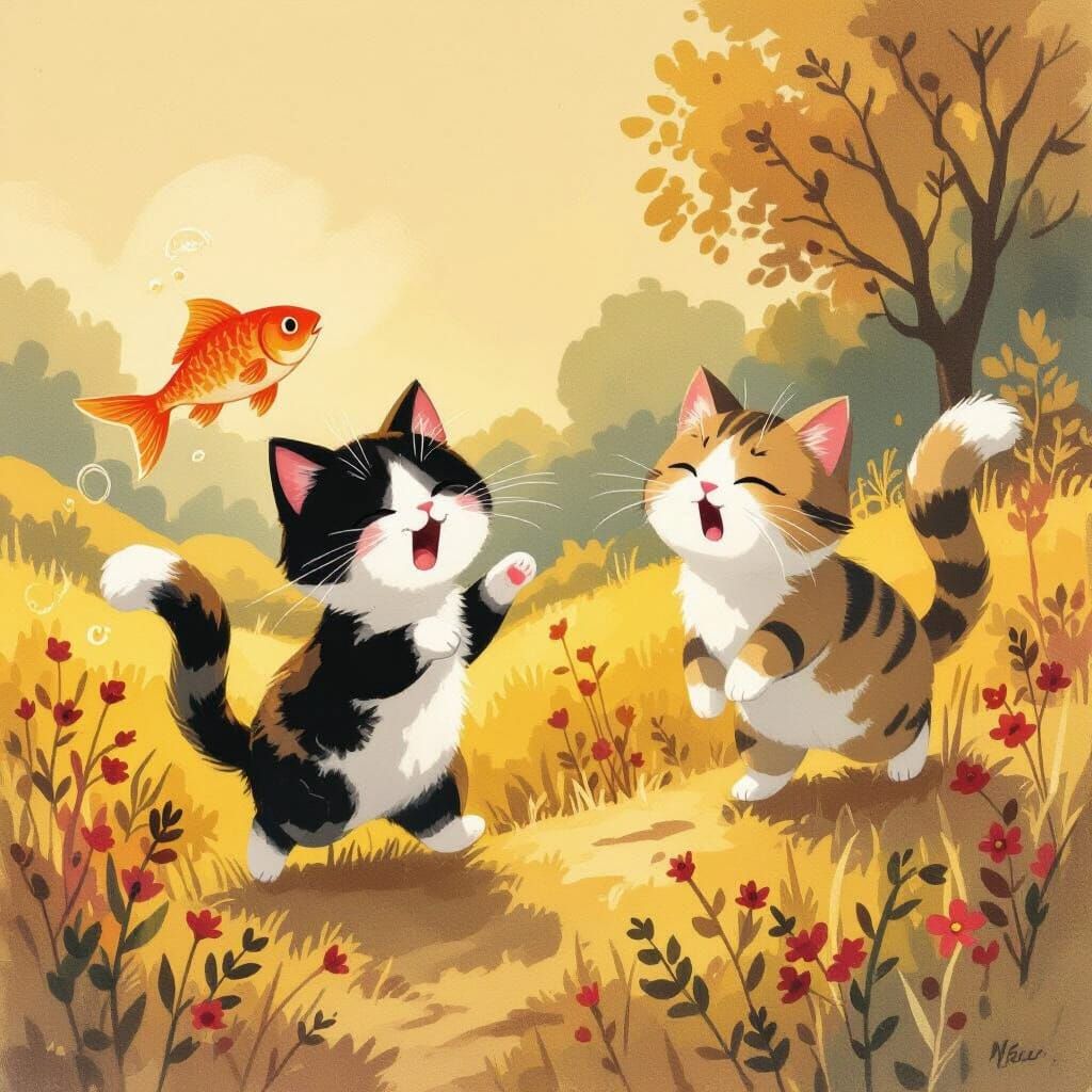 Whimsical Cats Fleeing with Fish in Watercolor Style