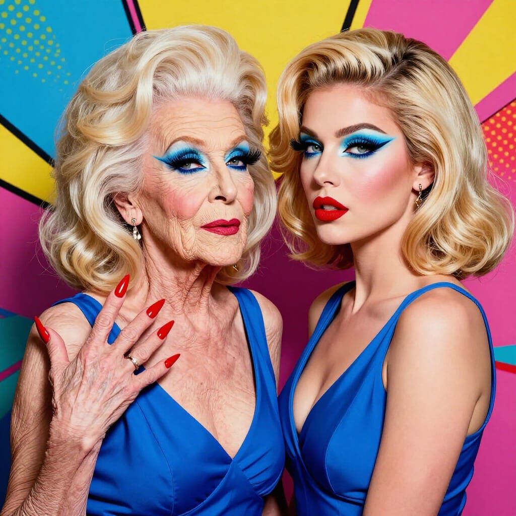 Pop Art Portrait of Two Women in Revealing Blue Dresses