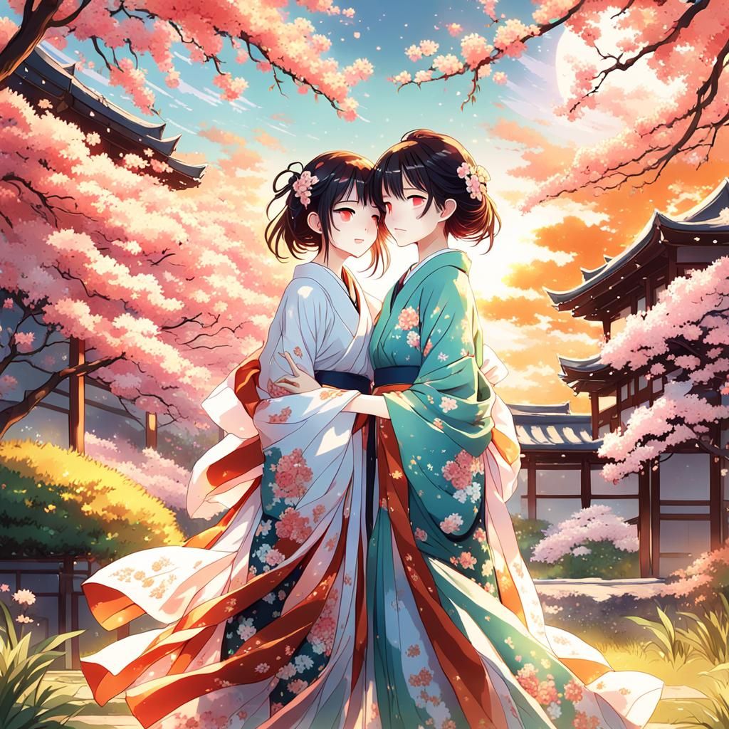 Anime Style: Women Embracing in Cherry Blossom Garden