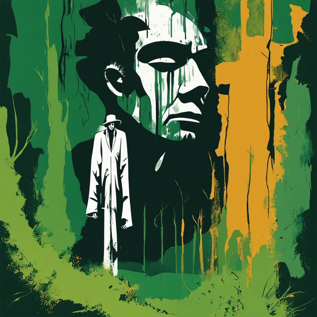 Figure Sinks Into Moss With Glowing Background Words