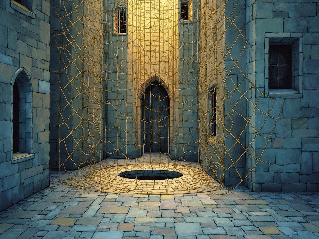 Golden Square Netting Covers Castle Courtyard Hole in Whimsi...