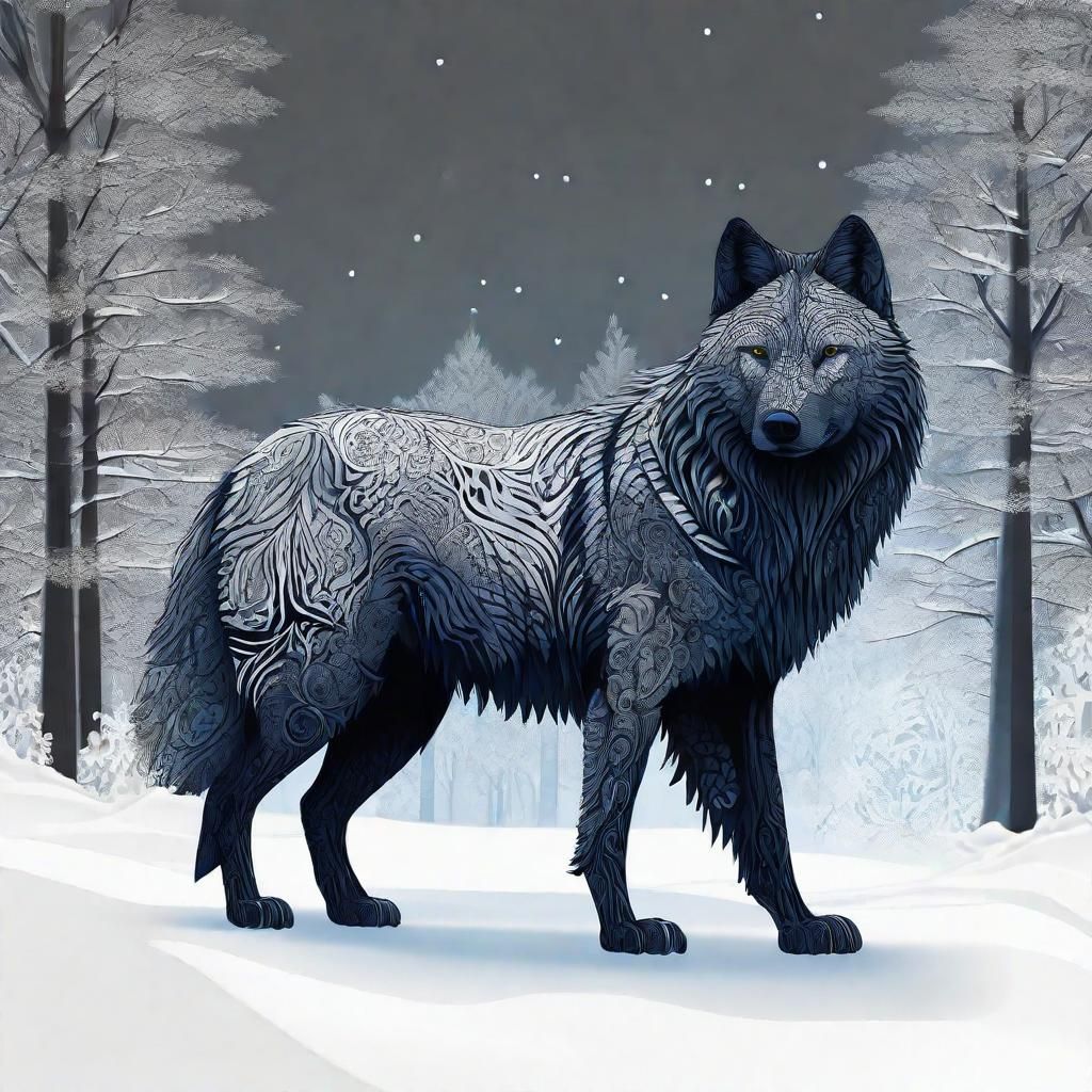 Black Wolf in Snowy Forest with Abstract Elements