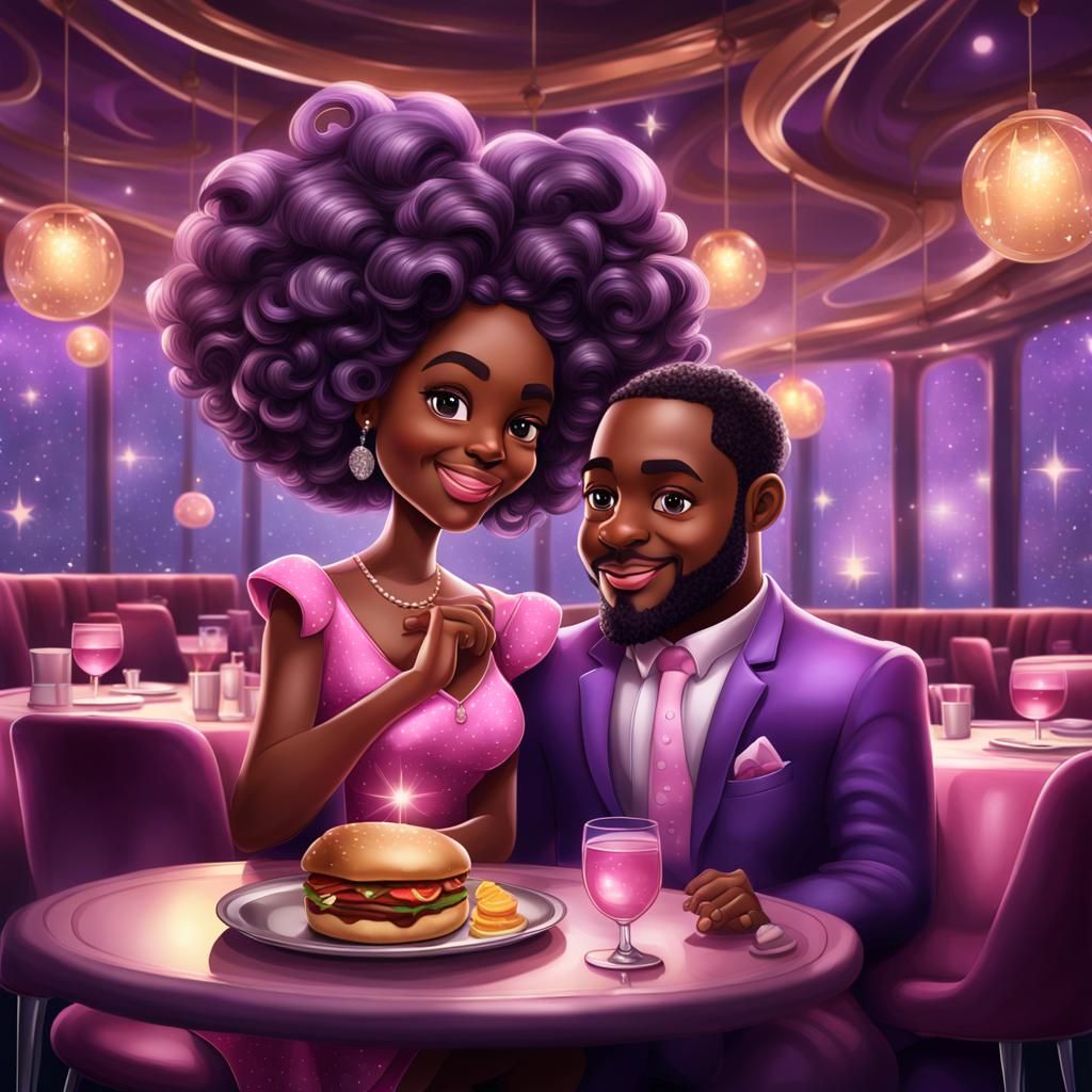 Elegant Couple at Restaurant in Hyperrealistic Illustration
