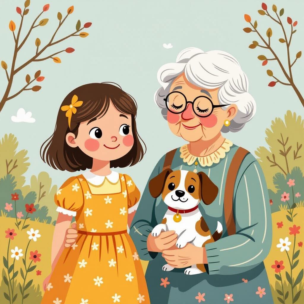 Girl with Grandmother and Dog in Folk Art Style