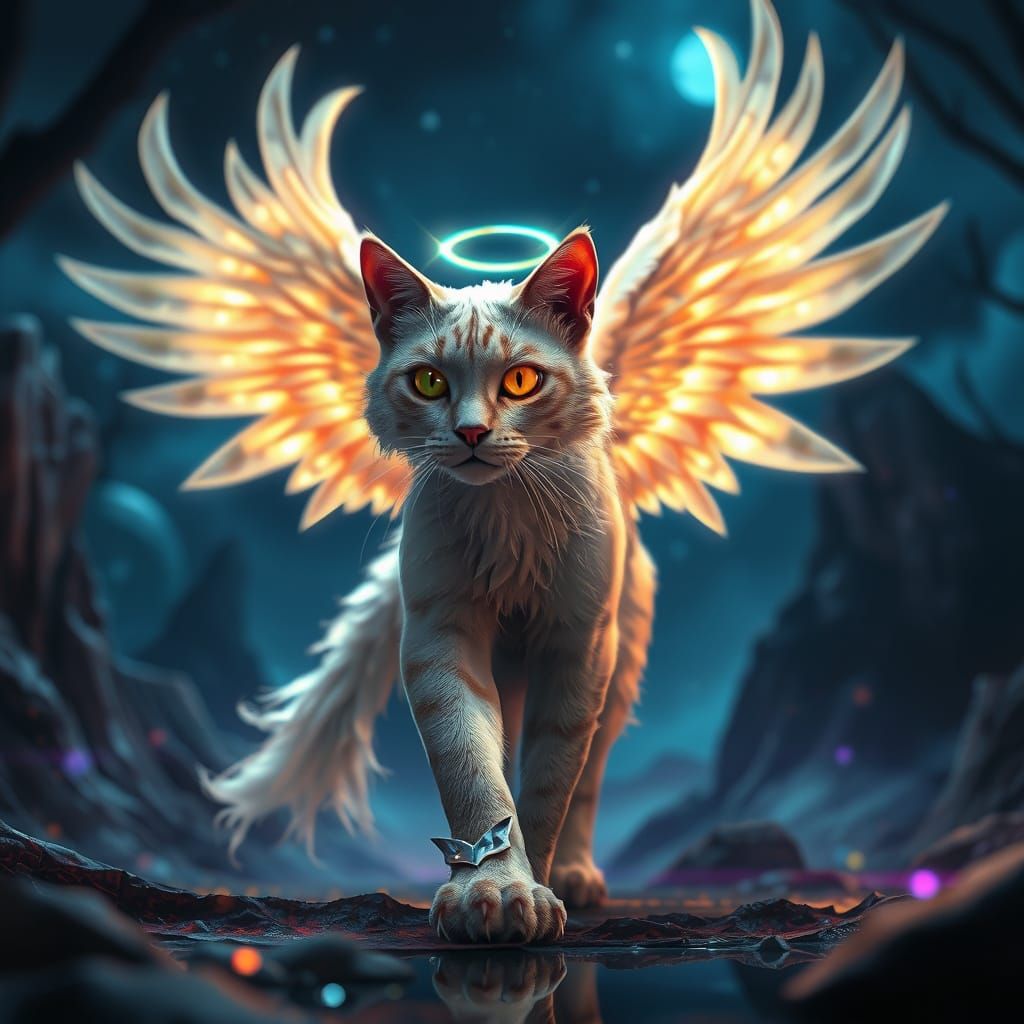 Regal Blonde Cat Goddess with Luminous Wings and Radiant Hal...