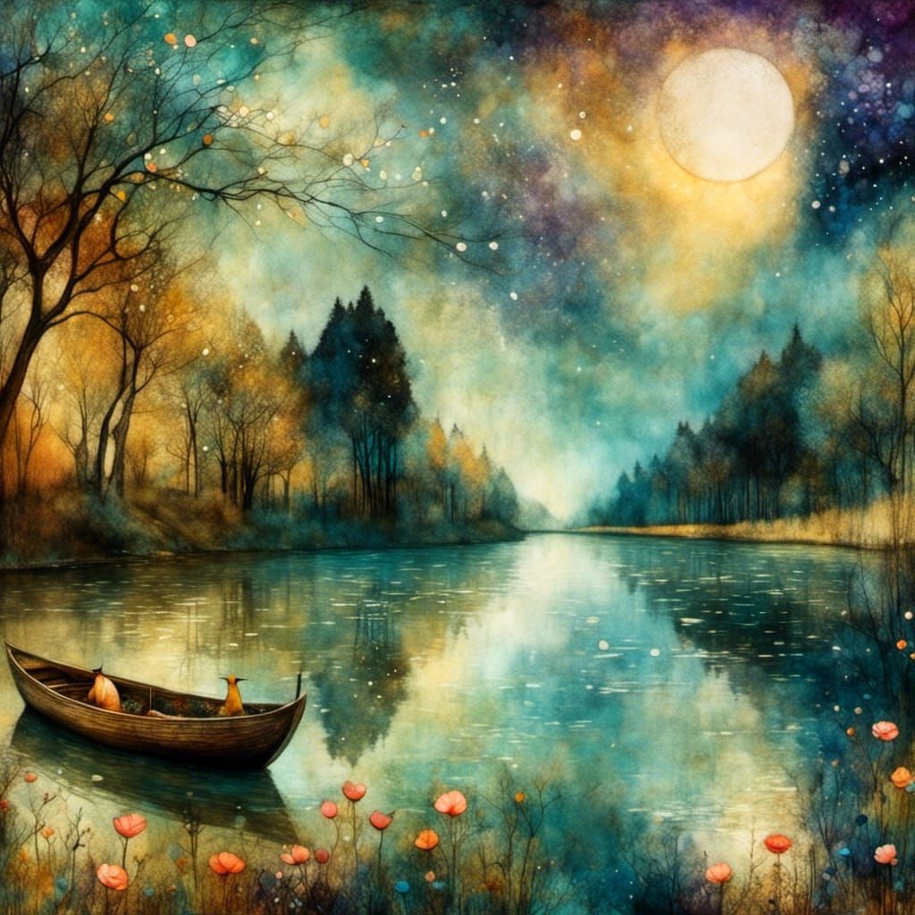 Boat on River in Art Brut Style