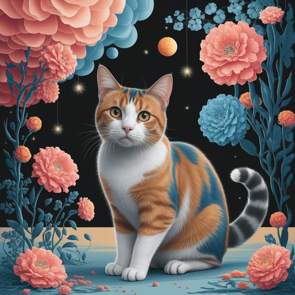 Dreamlike Tuxedo Cat in Orange and Blue