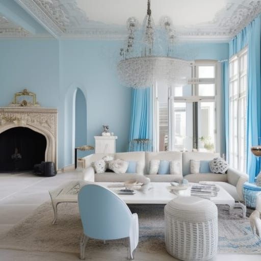 Luxurious French penthouse with light blue walls with White accents& Beautiful French windows& light blue French furnitu...
