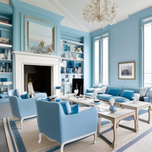 Luxurious French penthouse with light blue walls with White accents& Beautiful French windows& light blue French furnitu...