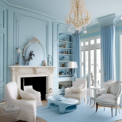 Luxurious French penthouse with light blue walls with White accents& Beautiful French windows& light blue French furnitu...