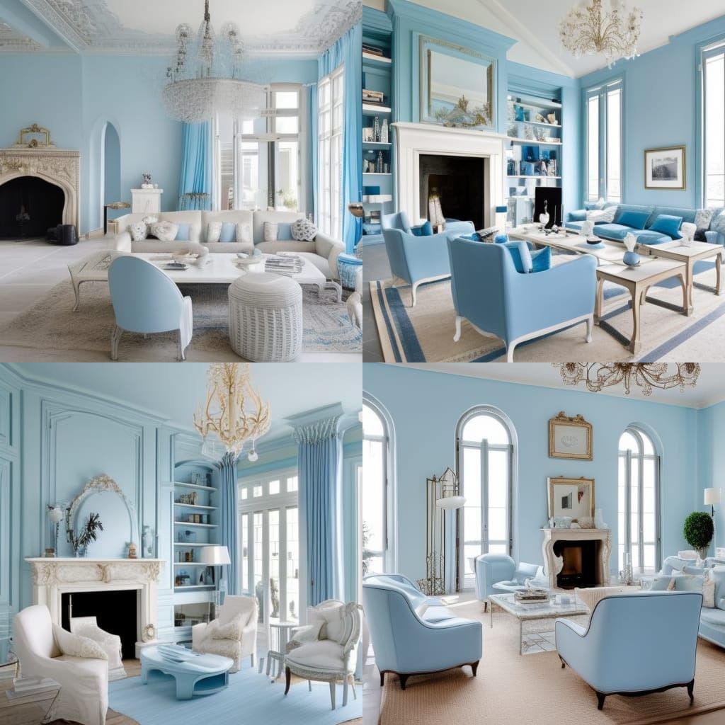 Luxurious French penthouse with light blue walls with White accents& Beautiful French windows& light blue French furnitu...
