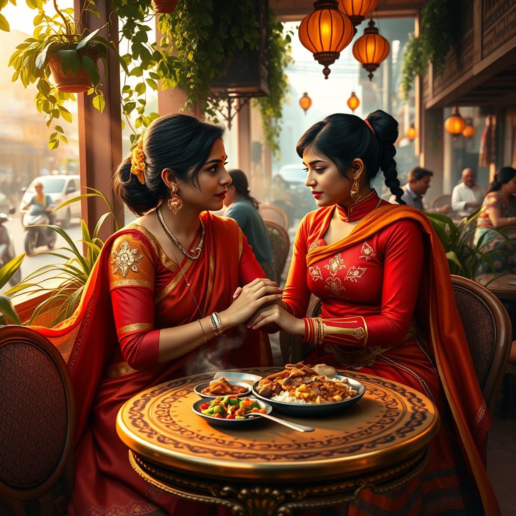 Mother and Daughter in Vibrant Calcutta Cafe