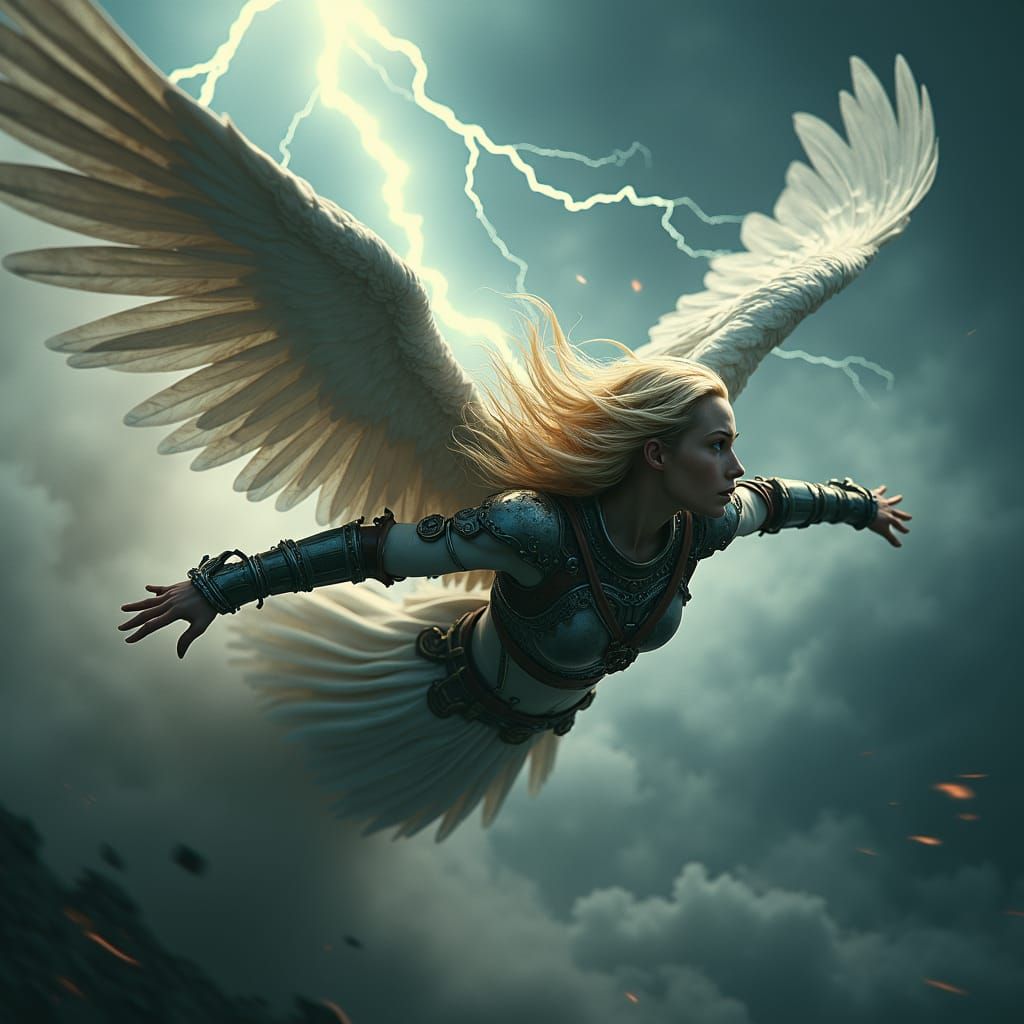 Cinematic Warrior Angel Dives Through Stormy Skies in Photor...