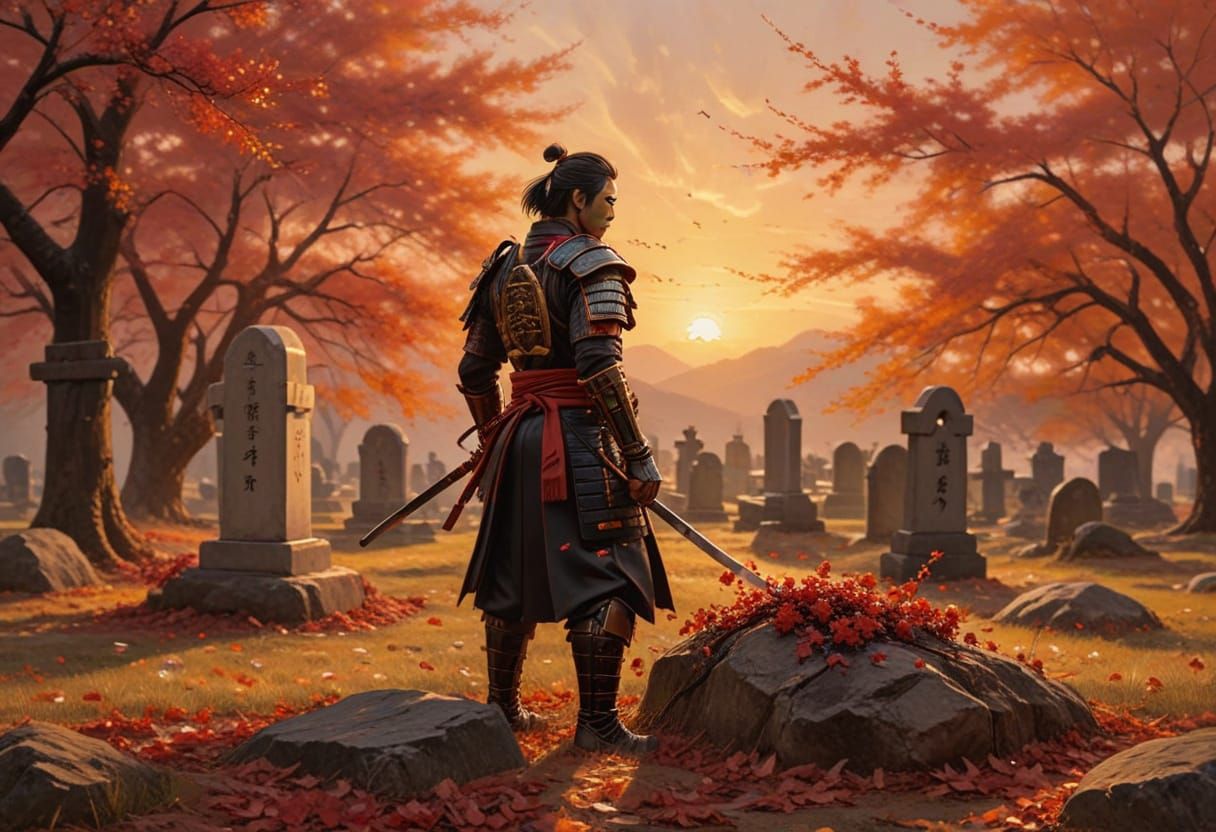 Grieving Samurai in Autumn Sunset: Oil Painting