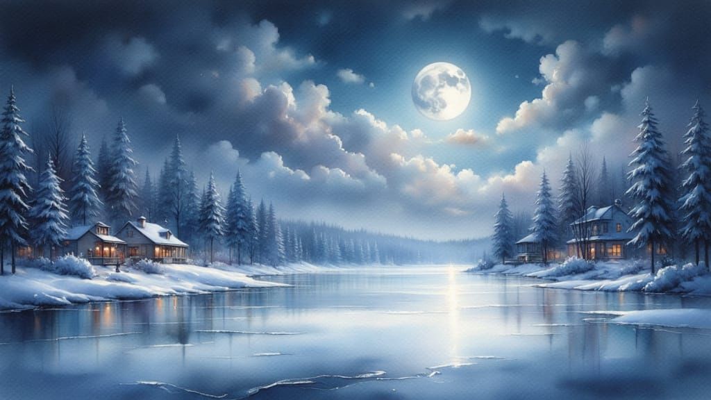 Winter Lake Under Moonlight in Oil Painting Style