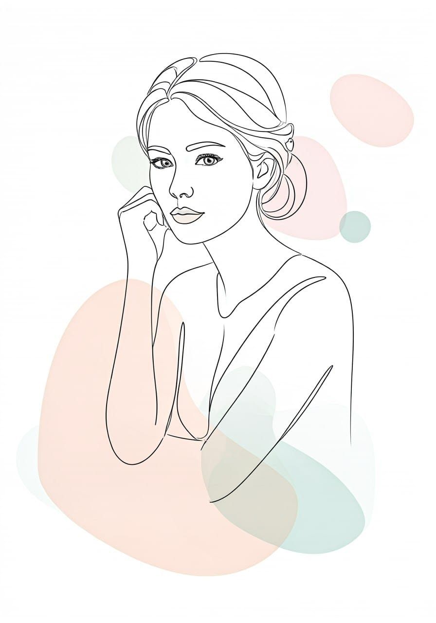 Elegant Woman Lost in Thought, Minimalist Line Drawing
