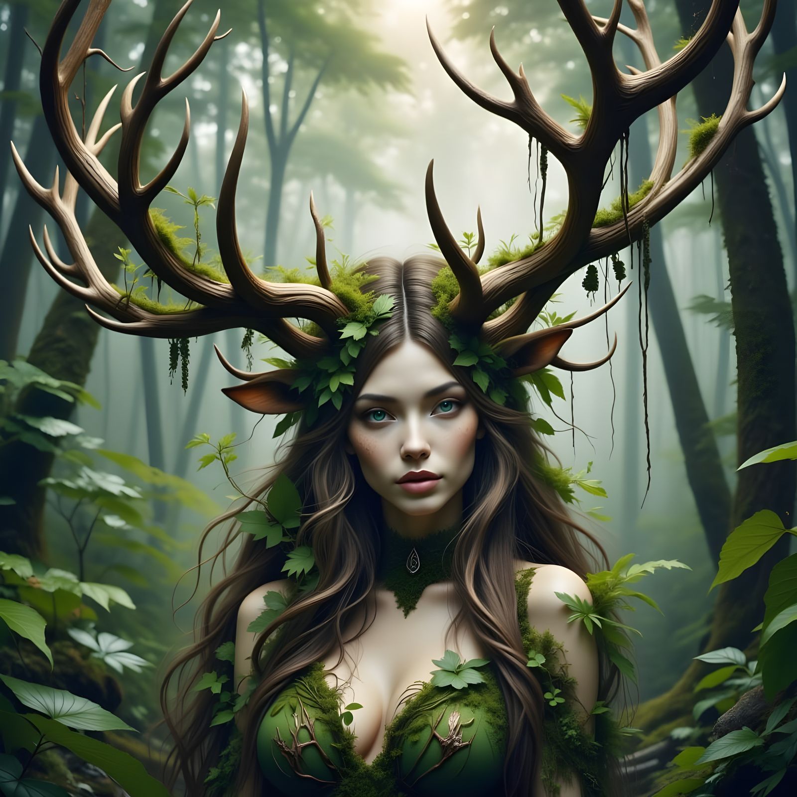 Mythical Forest Sentinel with Antlers and Moss