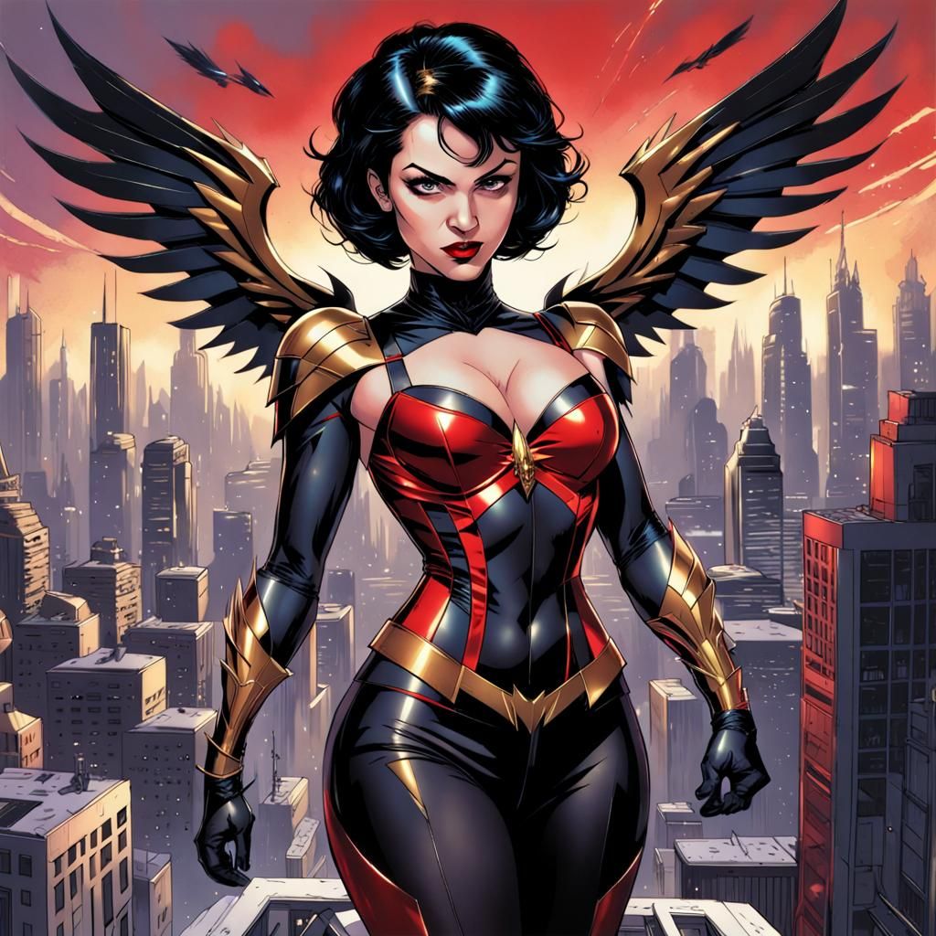 Female Supervillain with Metallic Wings in Comic Art Style