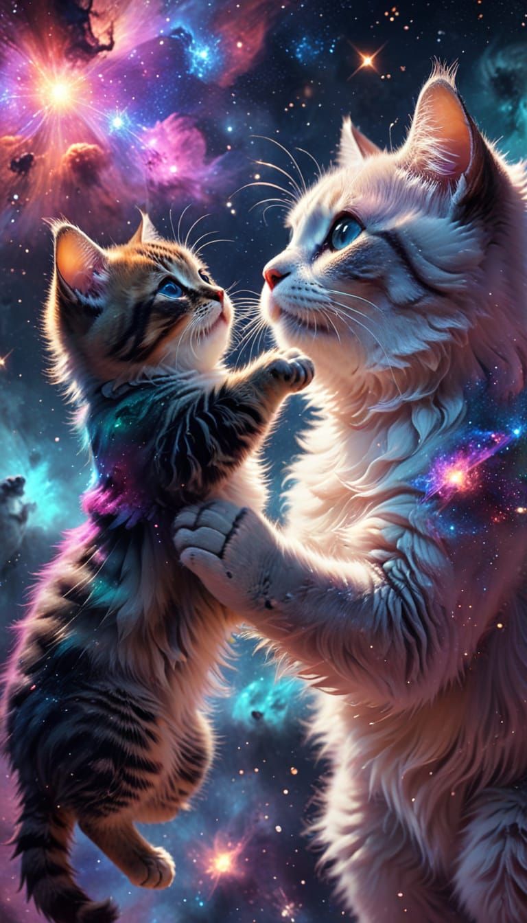 Cute Kitten and Mother Cat in Cosmic Nebula