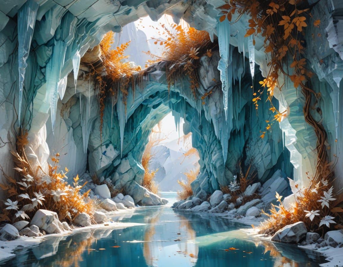 Ice Cavern Pool with Golden Sun and Autumn Vines