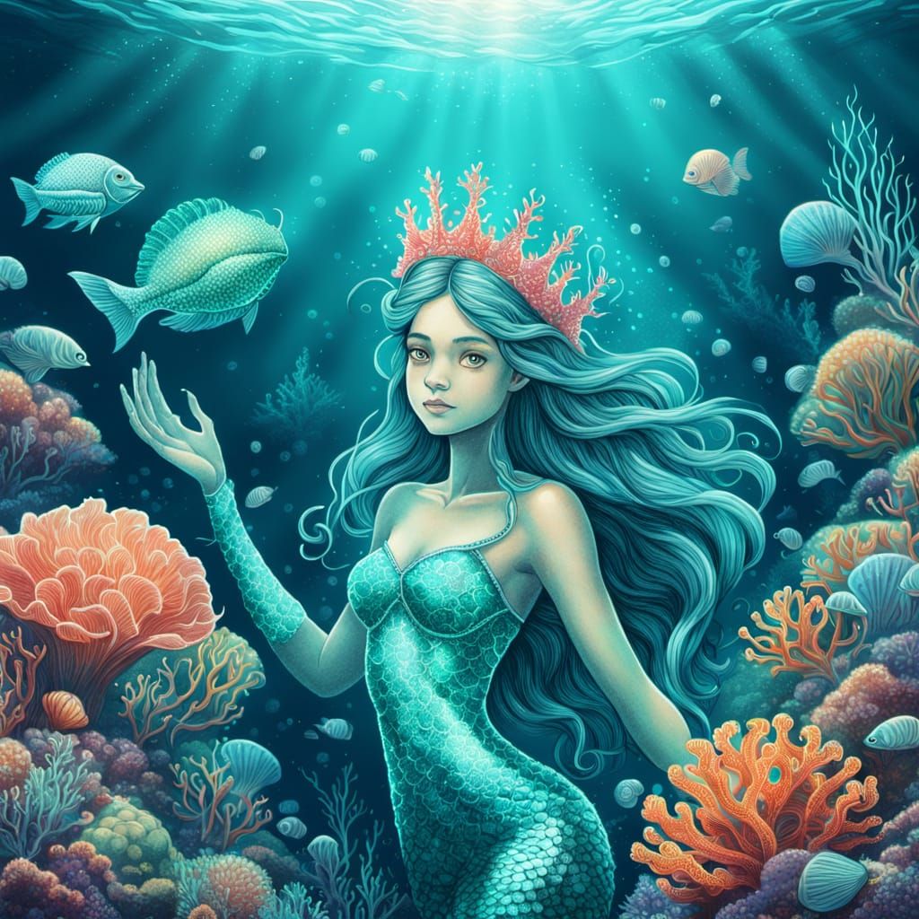 Turquoise Mermaid in Coral Reef: Stipple Comic Art