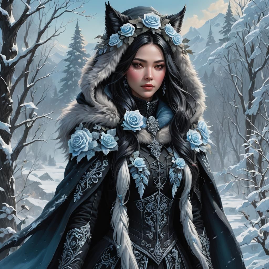 Icy Woman in Black Winter Attire