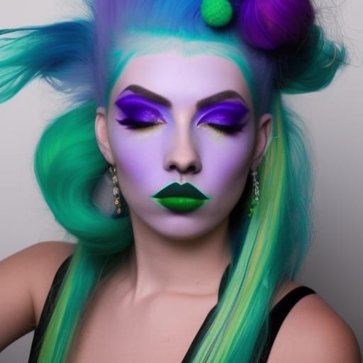 Eccentric wild young lady with green hair with blue highlights& purple highlights& green eyes& teal green eyeshadow with...