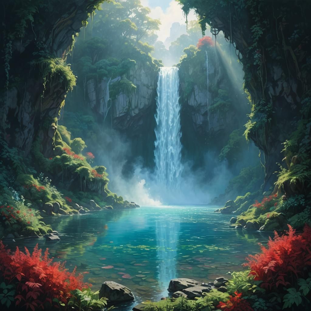 Lush Hidden Valley: Towering Waterfall in Surreal Oil Painti...