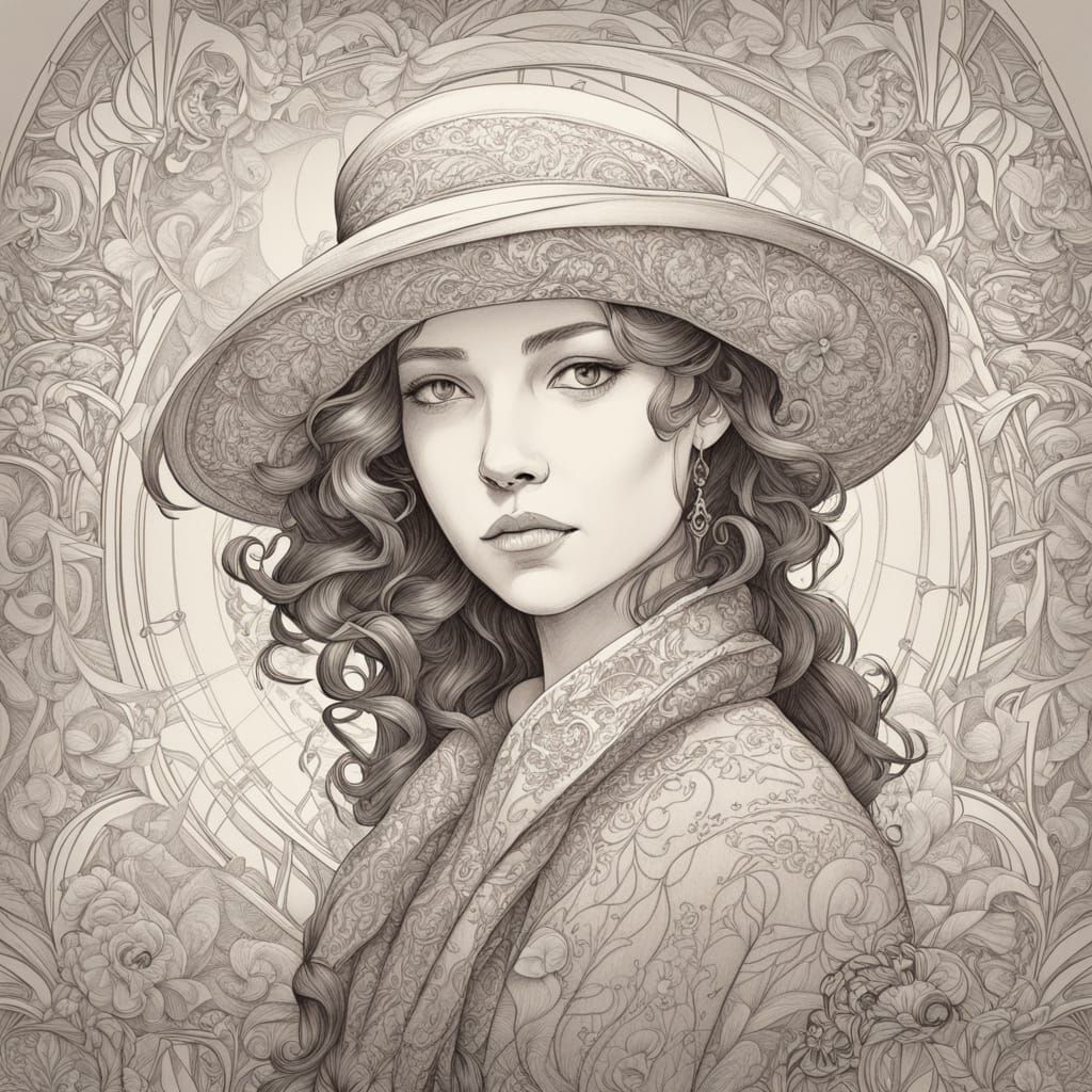 Elegant Art Nouveau Woman in Soft Focus Pencil Sketch