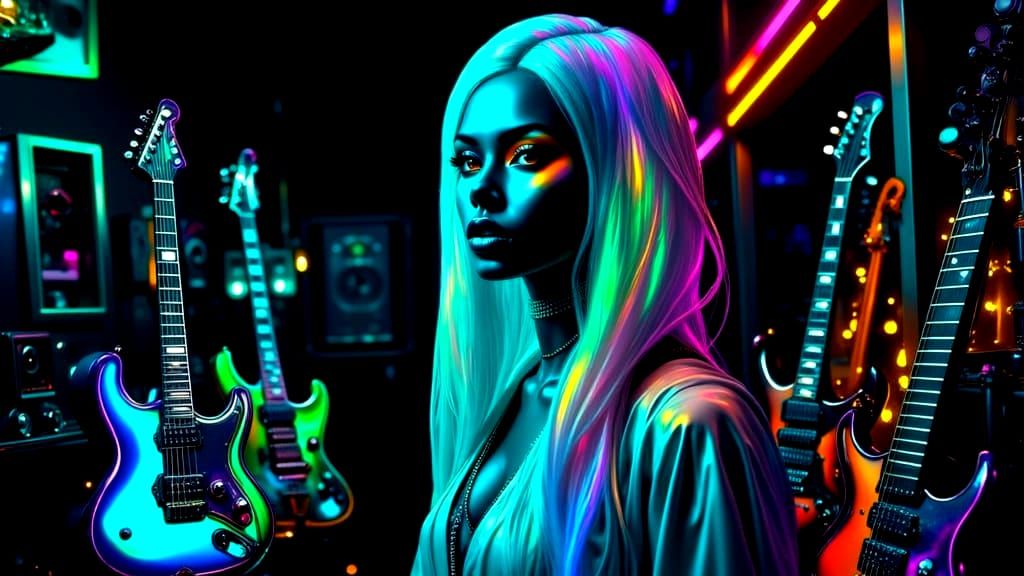 Cyborg with Neon Guitars in Digital Shimmer Style