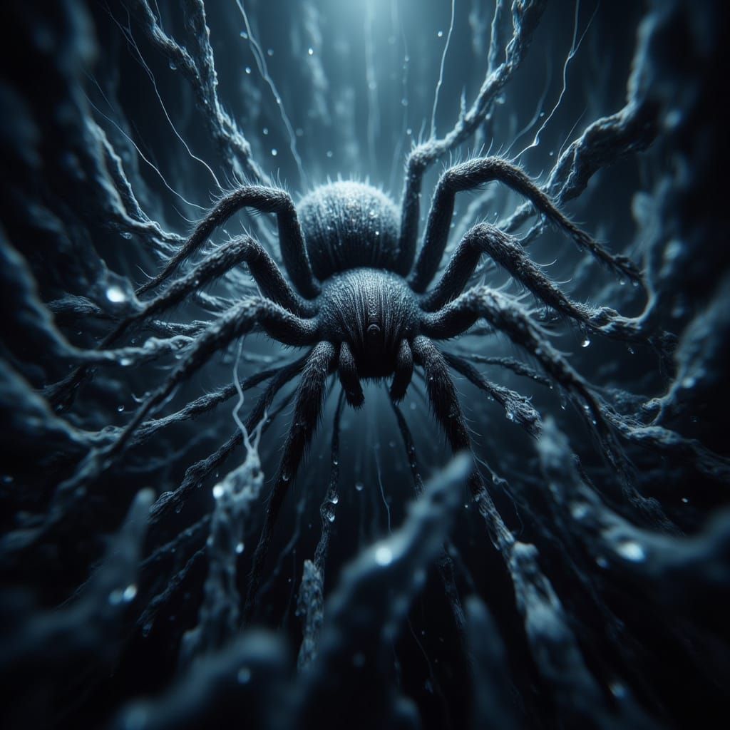 Macro Photography of a Tarantula in a Dewy Web