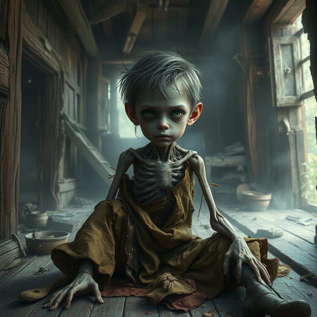 Skeletal Orphan in Ruined Wood House in Hyperdetailed Fantas...