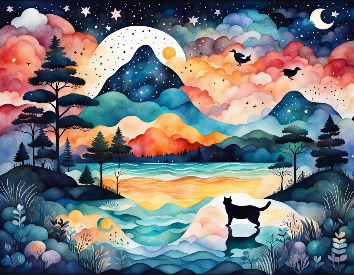 Surreal Landscape with Giant Cat and Beach Scene in Aquarell...