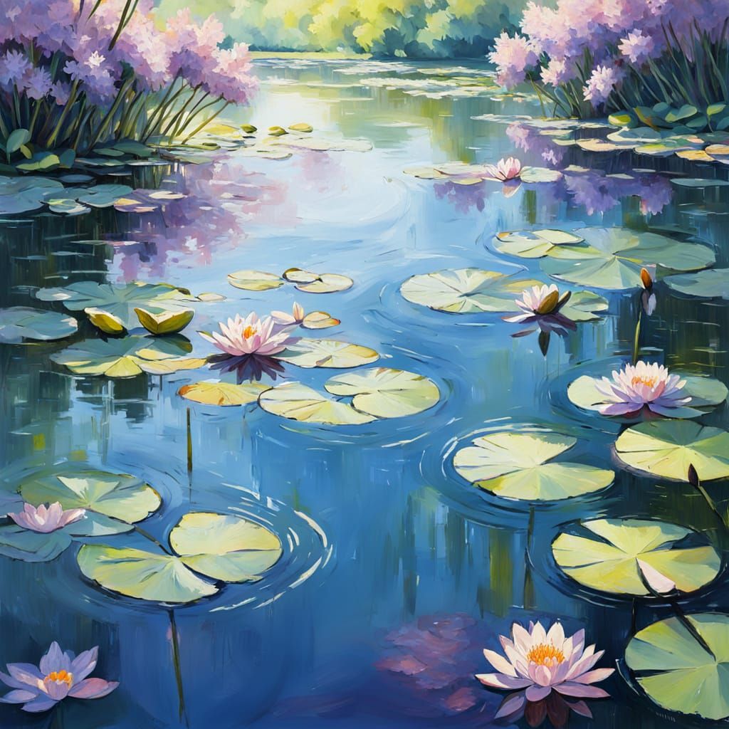 Impressionist Waterlilies in Pond with Lilac Trees