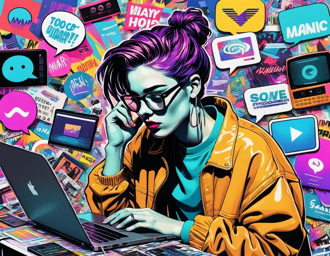 Pop Art Teen Drowning in Technology