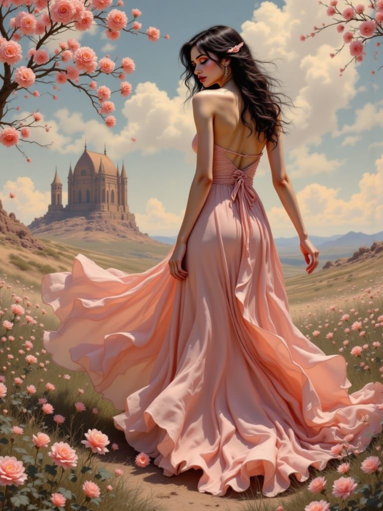 Ethereal Rococo Goddess in Whimsical Watercolor Castle Scene