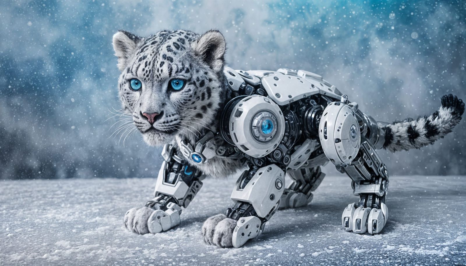 Photorealistic Snow Leopard Cyborg with Robotic Eyes