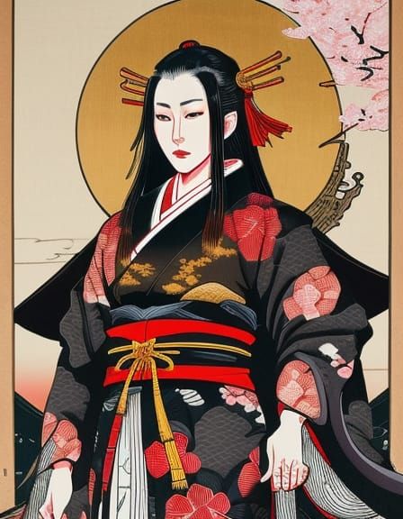 Edo Era Samurai Standing on Osaka Castle Balcony Under Cherr...