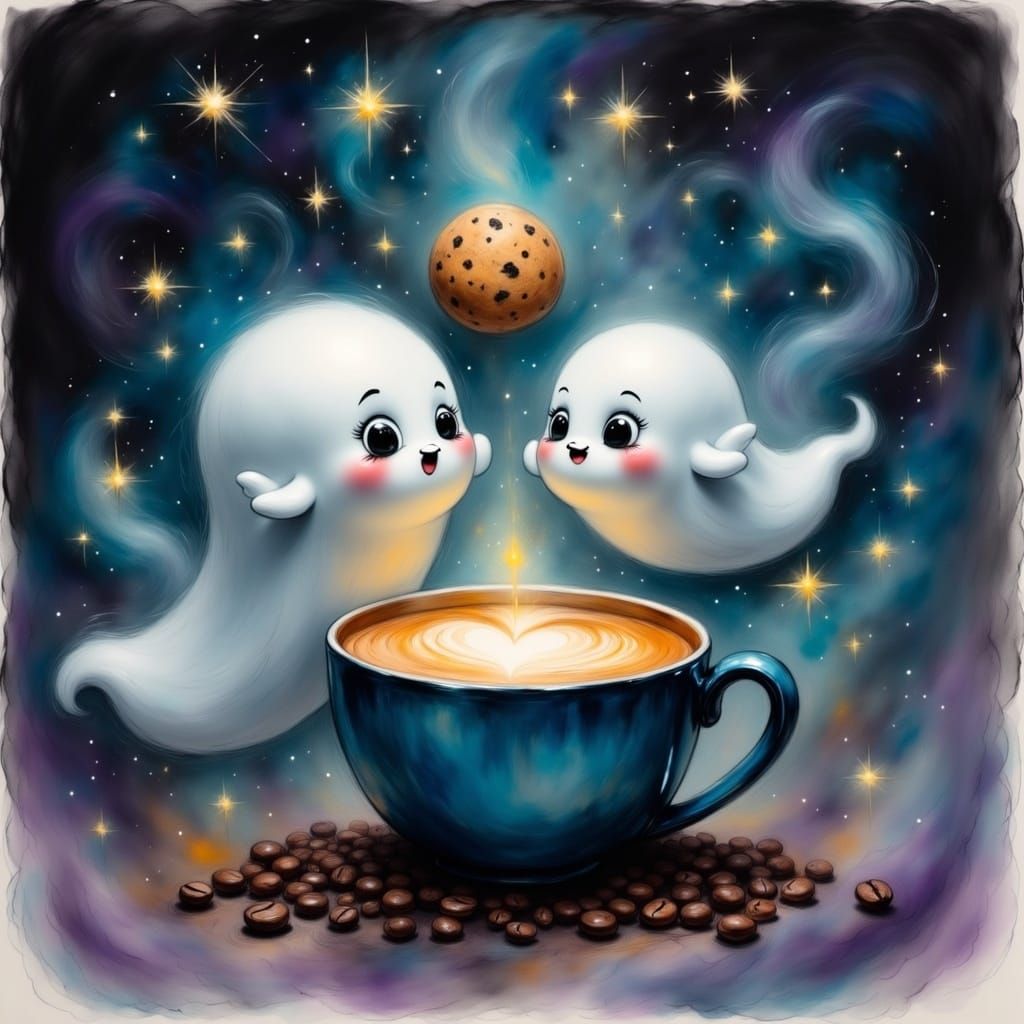 Cappuccino with Ghosts in Dreamy Cartoon Style